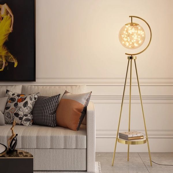 Contemporary Nordic Glass & Metal Starry Globe LED Standing Floor Lamp With Shelf For Living Room And Bedroom - Image 16