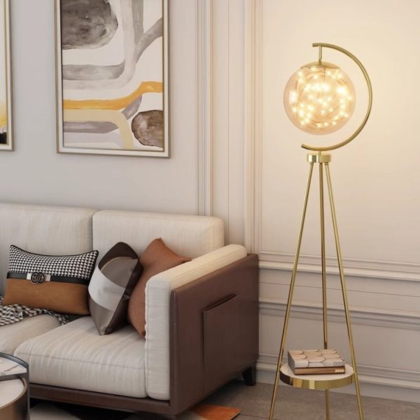 Contemporary Nordic Glass & Metal Starry Globe LED Standing Floor Lamp With Shelf For Living Room And Bedroom - Image 5