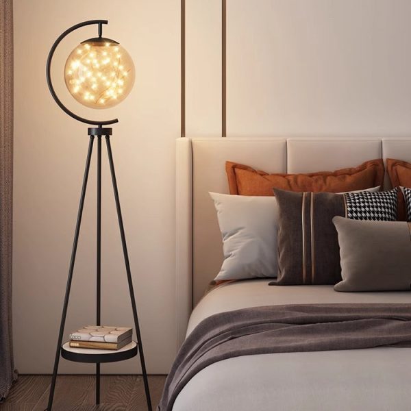 Contemporary Nordic Glass & Metal Starry Globe LED Standing Floor Lamp With Shelf For Living Room And Bedroom - Image 2