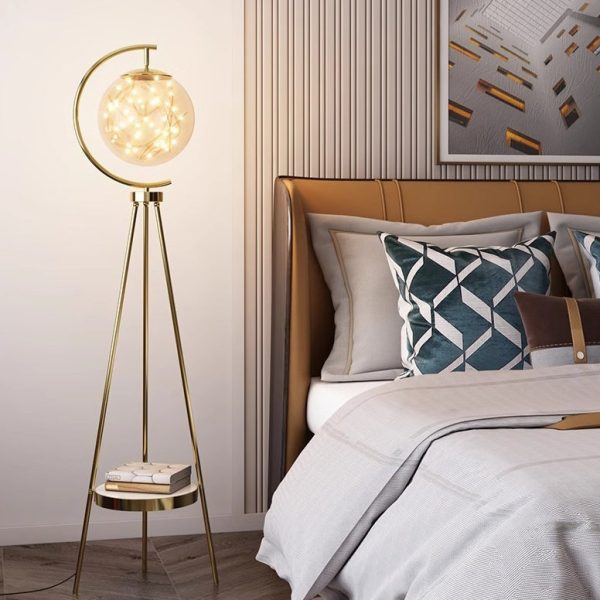 Contemporary Nordic Glass & Metal Starry Globe LED Standing Floor Lamp With Shelf For Living Room And Bedroom - Image 17