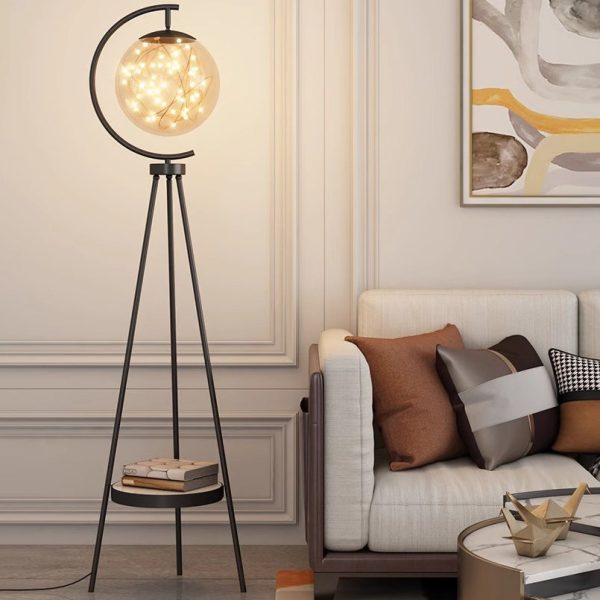 Contemporary Nordic Glass & Metal Starry Globe LED Standing Floor Lamp With Shelf For Living Room And Bedroom - Image 13