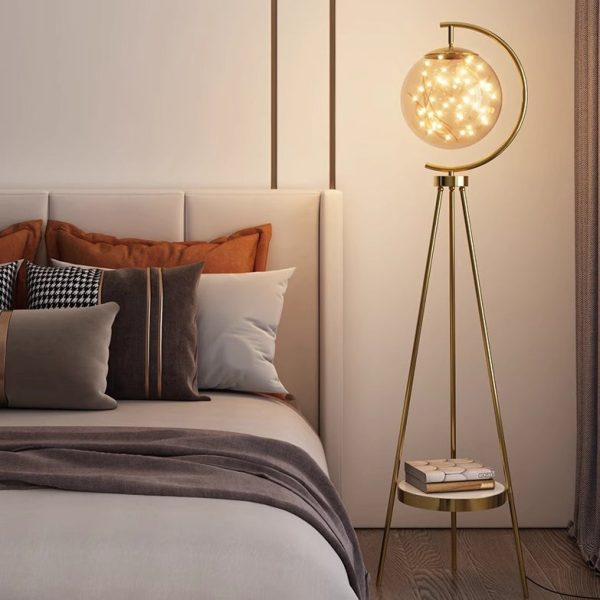 Contemporary Nordic Glass & Metal Starry Globe LED Standing Floor Lamp With Shelf For Living Room And Bedroom - Image 18