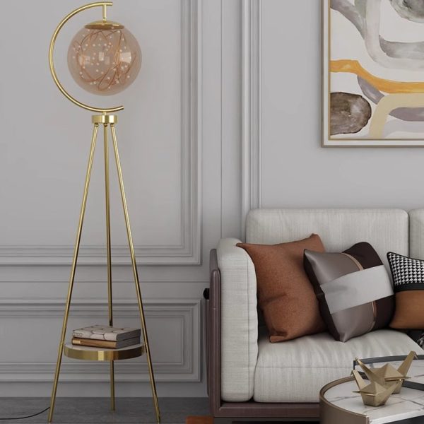 Contemporary Nordic Glass & Metal Starry Globe LED Standing Floor Lamp With Shelf For Living Room And Bedroom - Image 12