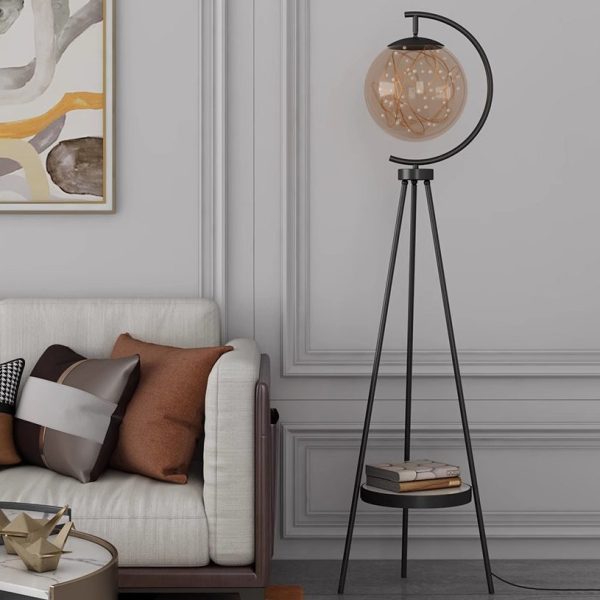 Contemporary Nordic Glass & Metal Starry Globe LED Standing Floor Lamp With Shelf For Living Room And Bedroom - Image 14