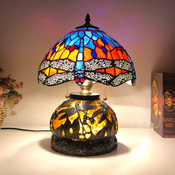 Traditional Tiffany Glass & Resin Dragonfly 3-Light Table Lamp For Living Room And Bedroom - Image 4