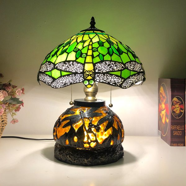 Traditional Tiffany Glass & Resin Dragonfly 3-Light Table Lamp For Living Room And Bedroom - Image 3