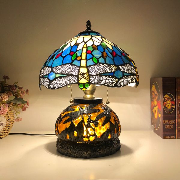 Traditional Tiffany Glass & Resin Dragonfly 3-Light Table Lamp For Living Room And Bedroom - Image 2