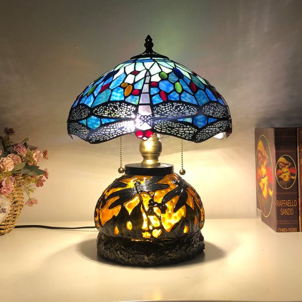 Traditional Tiffany Glass & Resin Dragonfly 3-Light Table Lamp For Living Room And Bedroom - Image 23