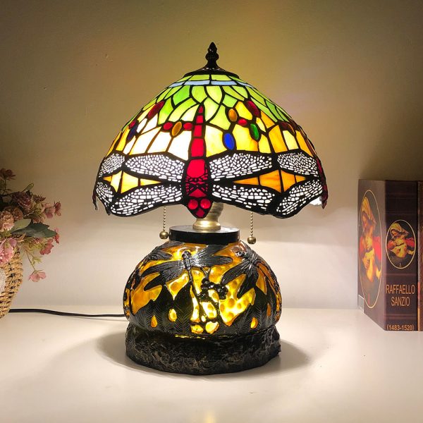 Traditional Tiffany Glass & Resin Dragonfly 3-Light Table Lamp For Living Room And Bedroom - Image 7