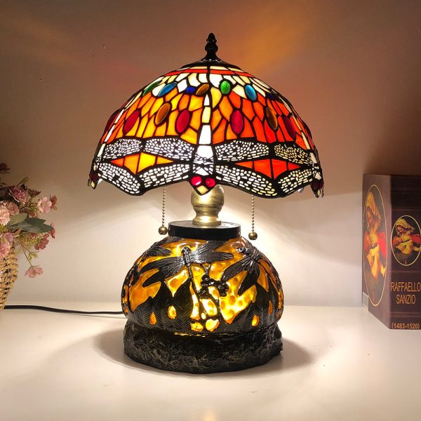 Traditional Tiffany Glass & Resin Dragonfly 3-Light Table Lamp For Living Room And Bedroom - Image 6