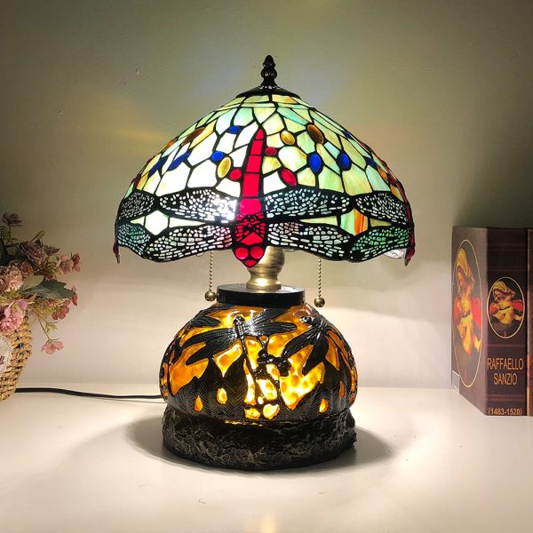 Traditional Tiffany Glass & Resin Dragonfly 3-Light Table Lamp For Living Room And Bedroom - Image 8