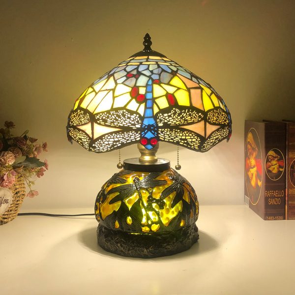 Traditional Tiffany Glass & Resin Dragonfly 3-Light Table Lamp For Living Room And Bedroom - Image 5