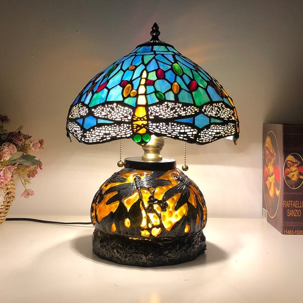 Traditional Tiffany Glass & Resin Dragonfly 3-Light Table Lamp For Living Room And Bedroom - Image 10