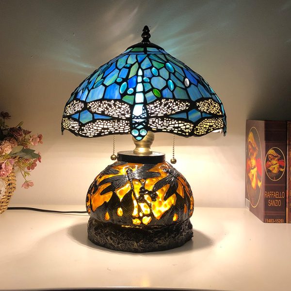 Traditional Tiffany Glass & Resin Dragonfly 3-Light Table Lamp For Living Room And Bedroom - Image 11
