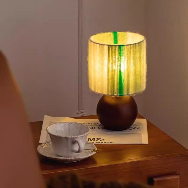 Traditional French Oak And Mohair Weaving Round Sphere Cylinder 1-Light Table Lamp For Bedroom - Image 4