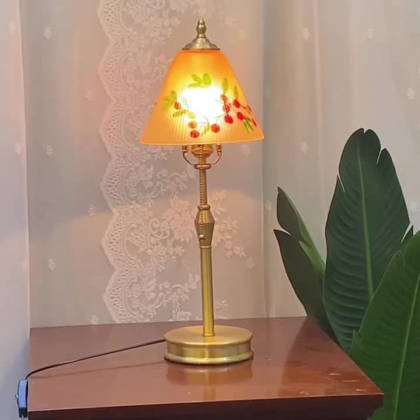 Traditional Chinese Brass & Glass Painted Cherry Cone 1-Light Table Lamp For Bedroom - Image 4