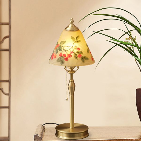Traditional Chinese Brass & Glass Painted Cherry Cone 1-Light Table Lamp For Bedroom - Image 17