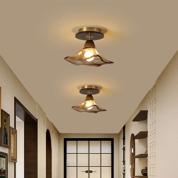 Contemporary Retro Metal Rubber Wood & Glass Bell Skirt 1-Light Semi-Flush Mount Ceiling Light For Hallway - Image 2