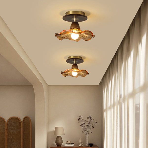 Contemporary Retro Metal Rubber Wood & Glass Bell Skirt 1-Light Semi-Flush Mount Ceiling Light For Hallway - Image 3