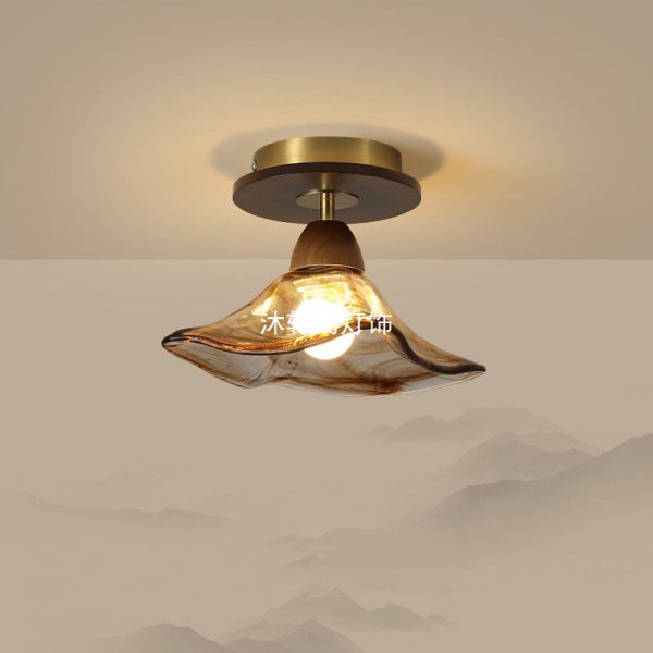 Contemporary Retro Metal Rubber Wood & Glass Bell Skirt 1-Light Semi-Flush Mount Ceiling Light For Hallway - Image 4