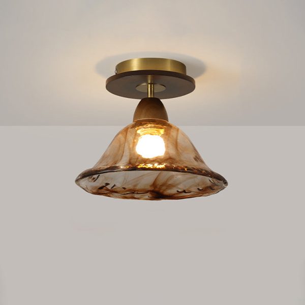 Contemporary Retro Metal Rubber Wood & Glass Bell Skirt 1-Light Semi-Flush Mount Ceiling Light For Hallway - Image 6