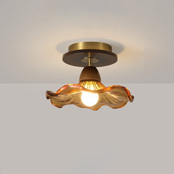 Contemporary Retro Metal Rubber Wood & Glass Bell Skirt 1-Light Semi-Flush Mount Ceiling Light For Hallway - Image 5