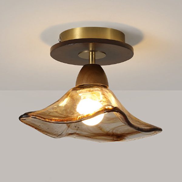 Contemporary Retro Metal Rubber Wood & Glass Bell Skirt 1-Light Semi-Flush Mount Ceiling Light For Hallway - Image 14