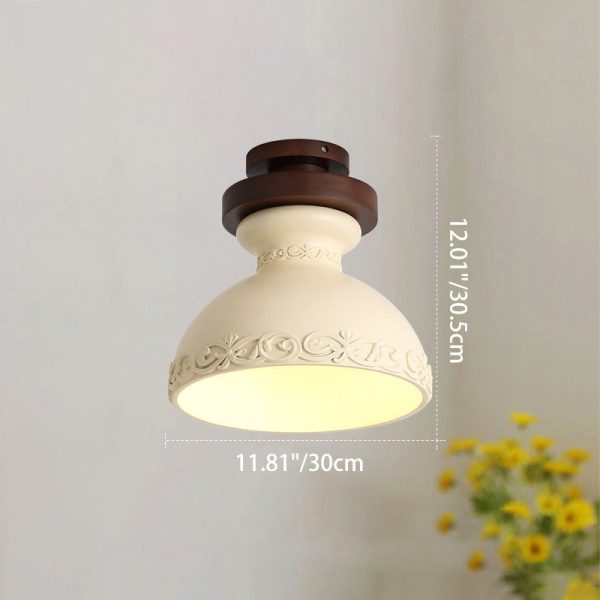 Traditional French Resin & Wood Bowl-Shaped Round Carved 1-Light Semi-Flush Mount Ceiling Light For Hallway And Entryway - Image 7