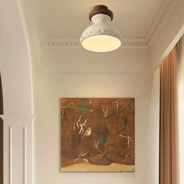 Traditional French Resin & Wood Bowl-Shaped Round Carved 1-Light Semi-Flush Mount Ceiling Light For Hallway And Entryway - Image 5