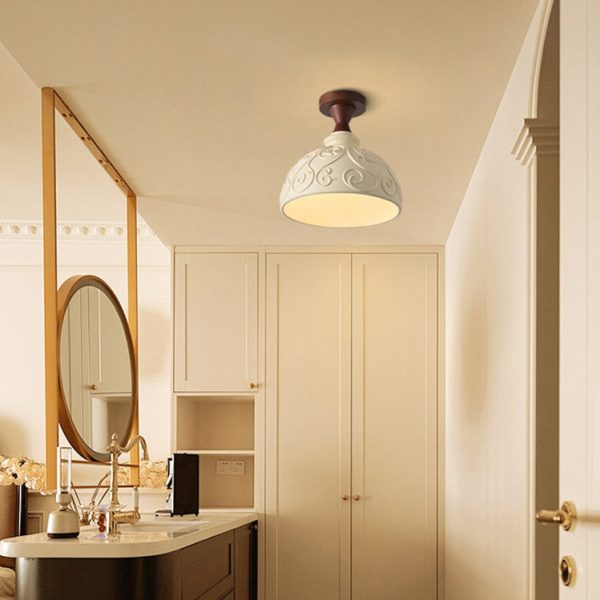 Traditional French Resin & Wood Bowl-Shaped Round Carved 1-Light Semi-Flush Mount Ceiling Light For Hallway And Entryway - Image 6