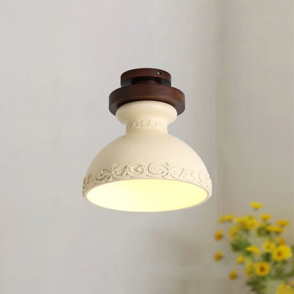 Traditional French Resin & Wood Bowl-Shaped Round Carved 1-Light Semi-Flush Mount Ceiling Light For Hallway And Entryway - Image 14