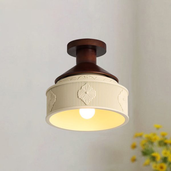 Traditional French Resin & Wood Bowl-Shaped Round Carved 1-Light Semi-Flush Mount Ceiling Light For Hallway And Entryway - Image 16