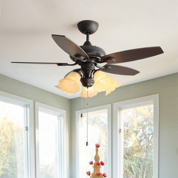 Traditional French Iron Fan Flower Glass Shade 3/5 - Light Downrods Ceiling Fan Light For Living Room - Image 15