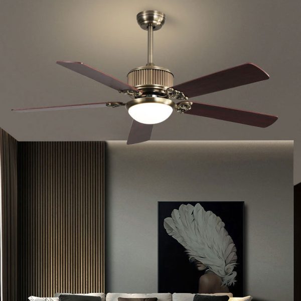 Contemporary Nordic Five Fan Blades Copper Wood Glass LED Downrods Ceiling Fan Light For Living Room - Image 11