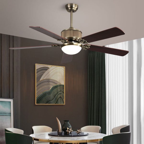 Contemporary Nordic Five Fan Blades Copper Wood Glass LED Downrods Ceiling Fan Light For Living Room - Image 8