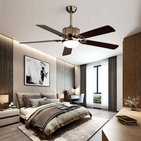 Contemporary Nordic Five Fan Blades Copper Wood Glass LED Downrods Ceiling Fan Light For Living Room - Image 2