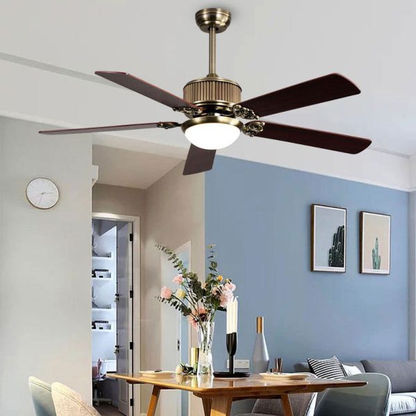 Contemporary Nordic Five Fan Blades Copper Wood Glass LED Downrods Ceiling Fan Light For Living Room - Image 3