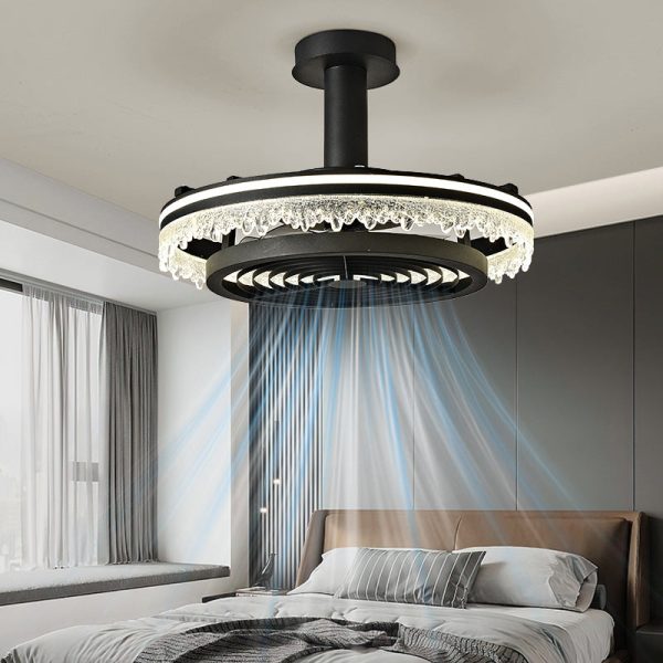 Contemporary Nordic Dome Round Iron Acrylic Ice Texture Edge LED Downrods Ceiling Fan Light For Living Room - Image 3