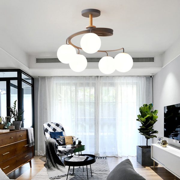 Contemporary Nordic Dome Orbs Curved Distortion Iron Solid Wood Glass 3/5 - Light Chandelier For Dining Room - Image 2