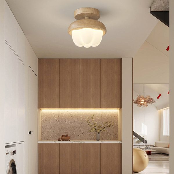 Traditional Japanese Dome Bud Rubber Wood PE LED Semi-Flush Mount Ceiling Light For Hallways - Image 2