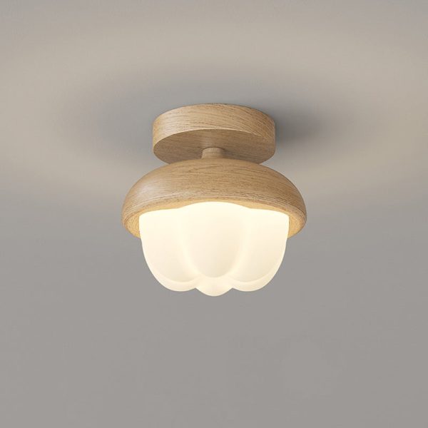Traditional Japanese Dome Bud Rubber Wood PE LED Semi-Flush Mount Ceiling Light For Hallways - Image 3