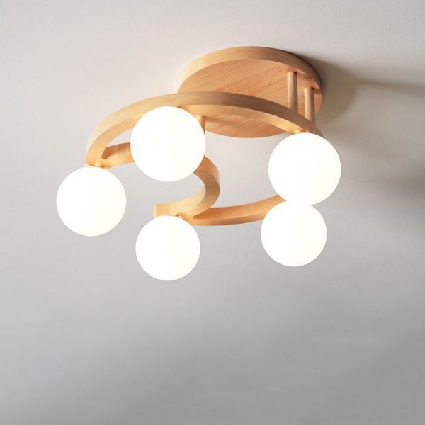 Contemporary Nordic Dome Moon Orbs Rubber Wood Glass Lampshade 3/5 - Light Semi-Flush Mount Ceiling Light For Bedroom - Image 8