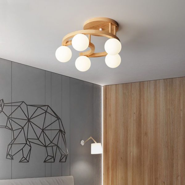 Contemporary Nordic Dome Moon Orbs Rubber Wood Glass Lampshade 3/5 - Light Semi-Flush Mount Ceiling Light For Bedroom - Image 3