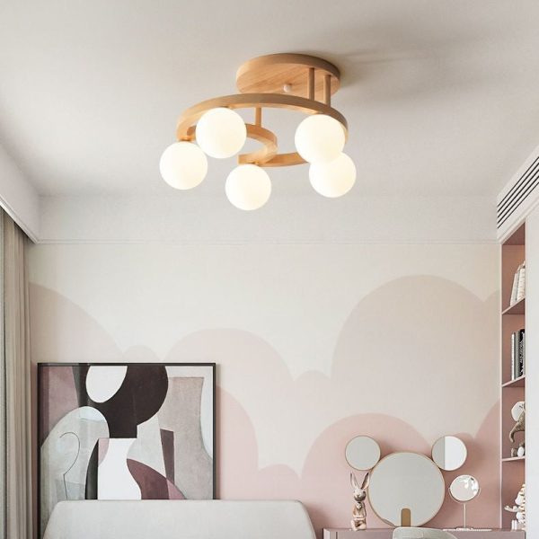 Contemporary Nordic Dome Moon Orbs Rubber Wood Glass Lampshade 3/5 - Light Semi-Flush Mount Ceiling Light For Bedroom - Image 6