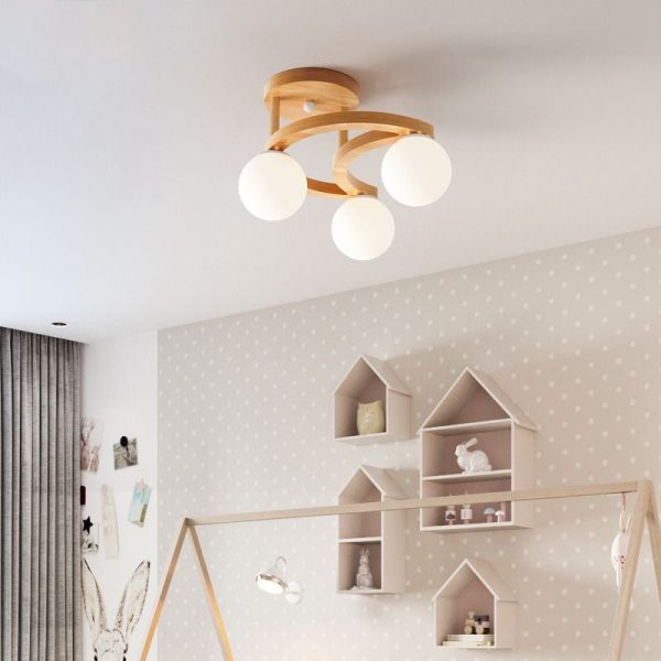 Contemporary Nordic Dome Moon Orbs Rubber Wood Glass Lampshade 3/5 - Light Semi-Flush Mount Ceiling Light For Bedroom - Image 2