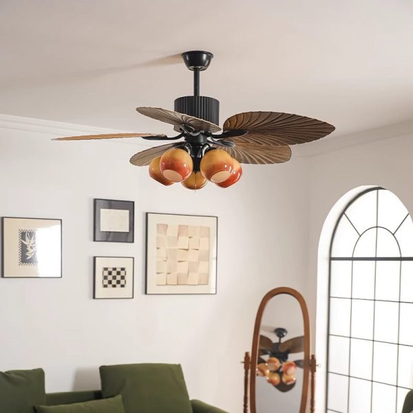 Traditional French Banana Leaves ABS Fan Round Glass Lampshade Iron 5 - Light Downrods Ceiling Fan Light For Living Room - Image 11
