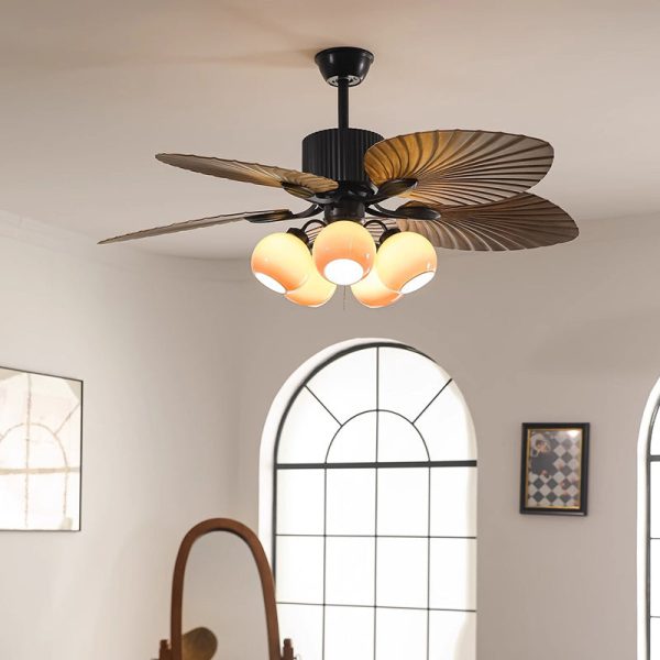 Traditional French Banana Leaves ABS Fan Round Glass Lampshade Iron 5 - Light Downrods Ceiling Fan Light For Living Room - Image 13