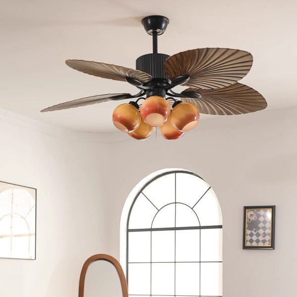 Traditional French Banana Leaves ABS Fan Round Glass Lampshade Iron 5 - Light Downrods Ceiling Fan Light For Living Room - Image 12