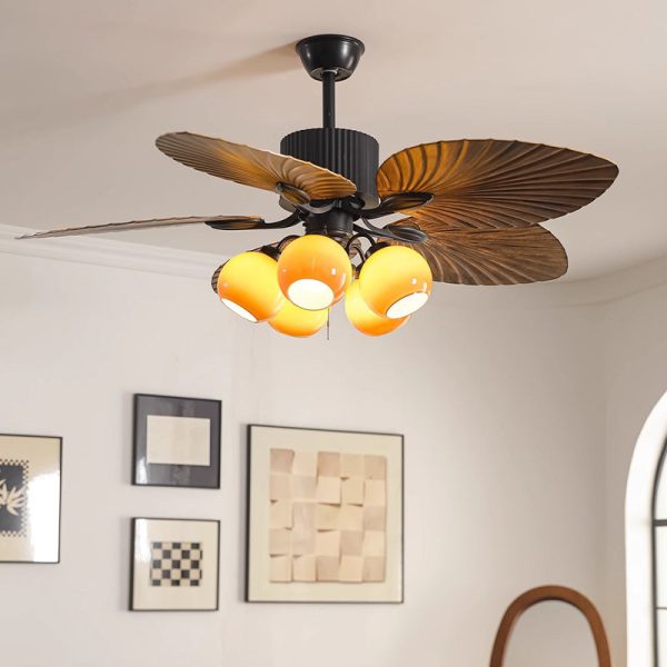 Traditional French Banana Leaves ABS Fan Round Glass Lampshade Iron 5 - Light Downrods Ceiling Fan Light For Living Room - Image 14