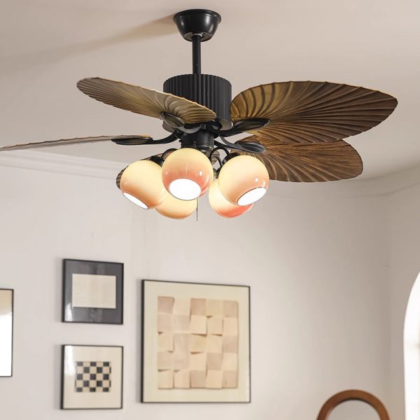 Traditional French Banana Leaves ABS Fan Round Glass Lampshade Iron 5 - Light Downrods Ceiling Fan Light For Living Room - Image 18